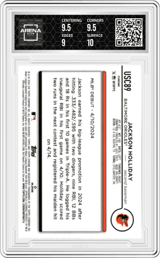 Jackson Holliday from the 2024 Topps Chrome Update set featuring a Magenta Refractor parallel graded by Arena Club and given an overall grade of 9.5.
