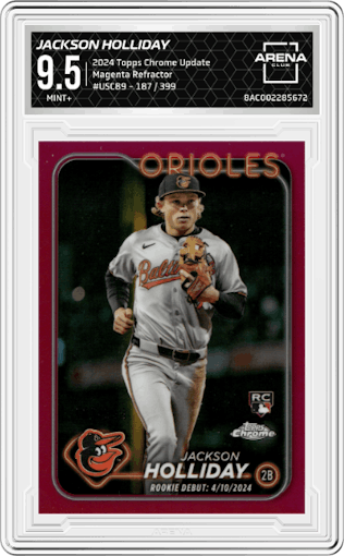 Jackson Holliday from the 2024 Topps Chrome Update set featuring a Magenta Refractor parallel graded by Arena Club and given an overall grade of 9.5.