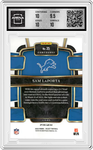 Sam LaPorta from the 2023 Panini Select set featuring a Purple Prizm parallel graded by Arena Club and given an overall grade of 10.