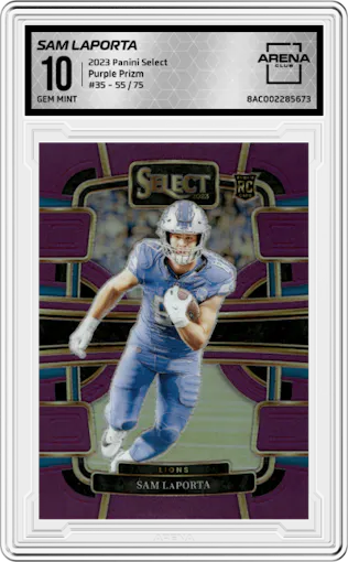 Sam LaPorta from the 2023 Panini Select set featuring a Purple Prizm parallel graded by Arena Club and given an overall grade of 10.