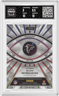 Bijan Robinson from the 2023 Panini Spectra set featuring a Hyper parallel graded by Arena Club and given an overall grade of 8.5.