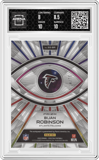 Bijan Robinson from the 2023 Panini Spectra set featuring a Hyper parallel graded by Arena Club and given an overall grade of 8.5.