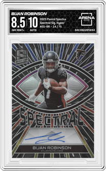 Bijan Robinson from the 2023 Panini Spectra set featuring a Hyper parallel graded by Arena Club and given an overall grade of 8.5.