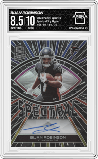 Bijan Robinson from the 2023 Panini Spectra set featuring a Hyper parallel graded by Arena Club and given an overall grade of 8.5.