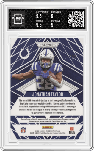 Jonathan Taylor from the 2022 Panini Phoenix set graded by Arena Club and given an overall grade of 9.5.