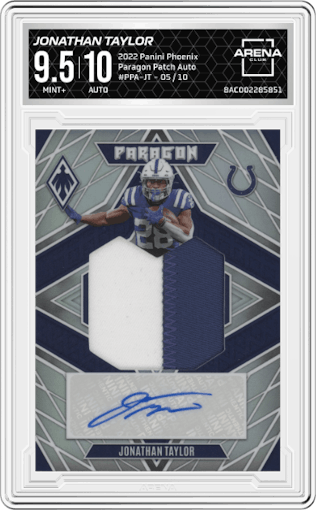 Jonathan Taylor from the 2022 Panini Phoenix set graded by Arena Club and given an overall grade of 9.5.