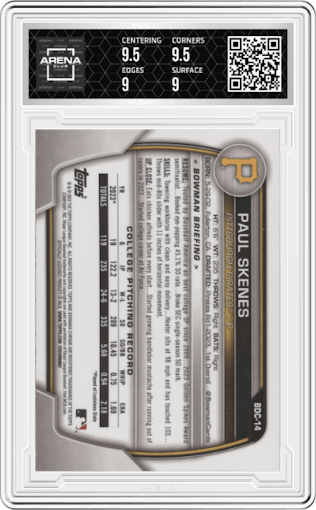 Paul Skenes from the 2023 Bowman Draft set featuring a Lunar Glow Refractor parallel graded by Arena Club and given an overall grade of 9.5.