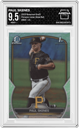 Paul Skenes from the 2023 Bowman Draft set featuring a Lunar Glow Refractor parallel graded by Arena Club and given an overall grade of 9.5.