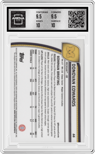 Donovan Edwards  from the 2024 Bowman Chrome University set featuring a Orange Refractor parallel graded by Arena Club and given an overall grade of 10.