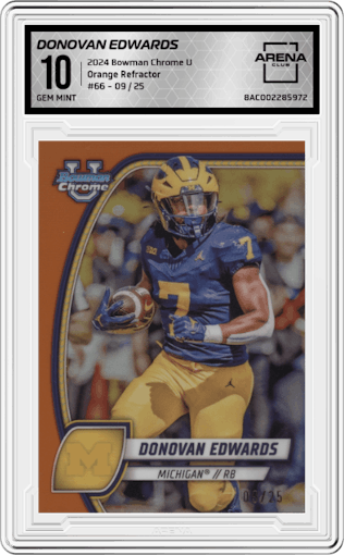 Donovan Edwards  from the 2024 Bowman Chrome University set featuring a Orange Refractor parallel graded by Arena Club and given an overall grade of 10.
