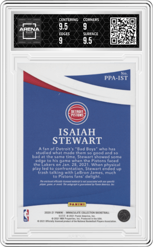 Isaiah Stewart from the 2020-21 Panini Immaculate Collection  set featuring a Gold parallel graded by Arena Club and given an overall grade of 9.5.