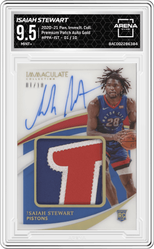Isaiah Stewart from the 2020-21 Panini Immaculate Collection  set featuring a Gold parallel graded by Arena Club and given an overall grade of 9.5.