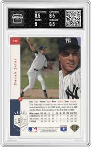 Derek Jeter from the 1993 Upper Deck SP set featuring a Foil parallel graded by Arena Club and given an overall grade of 7.