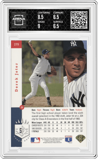 Derek Jeter from the 1993 Upper Deck SP set featuring a Foil parallel graded by Arena Club and given an overall grade of 7.