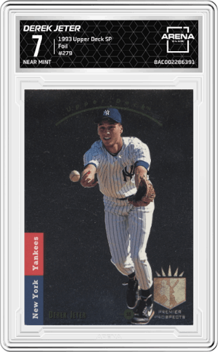 Derek Jeter from the 1993 Upper Deck SP set featuring a Foil parallel graded by Arena Club and given an overall grade of 7.