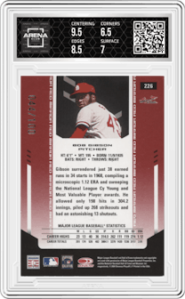 Bob Gibson from the 2004 Leaf Certified Materials set featuring a Red parallel graded by Arena Club and given an overall grade of 7.