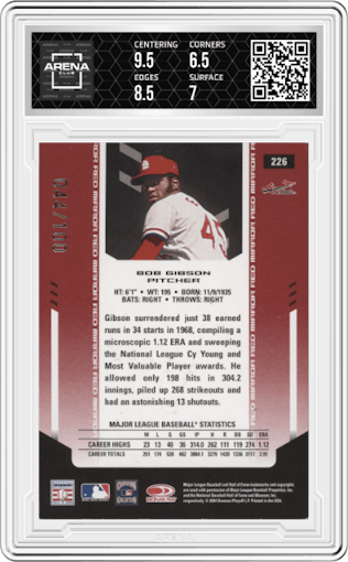 Bob Gibson from the 2004 Leaf Certified Materials set featuring a Red parallel graded by Arena Club and given an overall grade of 7.