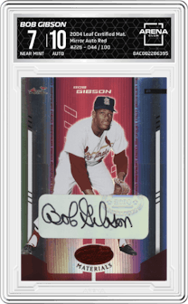 Bob Gibson from the 2004 Leaf Certified Materials set featuring a Red parallel graded by Arena Club and given an overall grade of 7.
