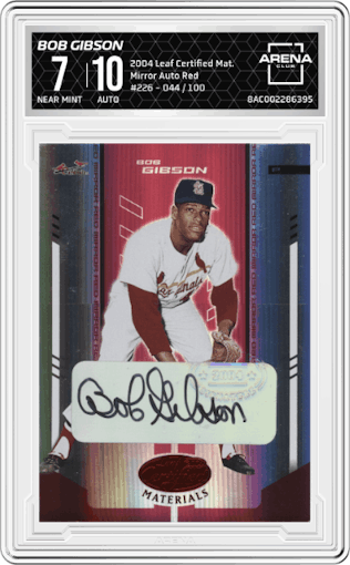 Bob Gibson from the 2004 Leaf Certified Materials set featuring a Red parallel graded by Arena Club and given an overall grade of 7.