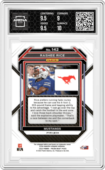 Rashee Rice from the 2023 Panini Prizm Draft Picks set featuring a Snakeskin parallel graded by Arena Club and given an overall grade of 9.5.