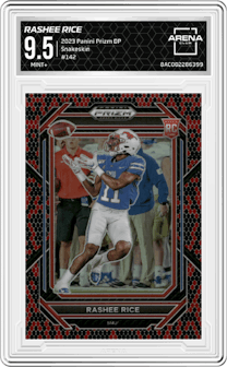Rashee Rice from the 2023 Panini Prizm Draft Picks set featuring a Snakeskin parallel graded by Arena Club and given an overall grade of 9.5.