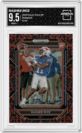 Rashee Rice from the 2023 Panini Prizm Draft Picks set featuring a Snakeskin parallel graded by Arena Club and given an overall grade of 9.5.