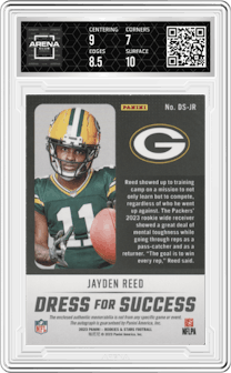 Jayden Reed from the 2023 Panini Rookies & Stars set graded by Arena Club and given an overall grade of 7.5.