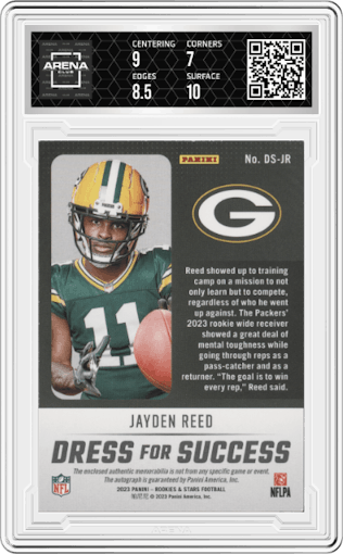 Jayden Reed from the 2023 Panini Rookies & Stars set graded by Arena Club and given an overall grade of 7.5.