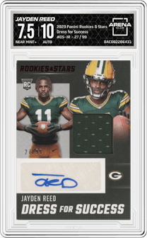 Jayden Reed from the 2023 Panini Rookies & Stars set graded by Arena Club and given an overall grade of 7.5.