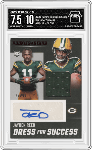 Jayden Reed from the 2023 Panini Rookies & Stars set graded by Arena Club and given an overall grade of 7.5.