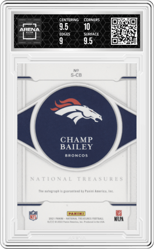 Champ Bailey from the 2021 Panini National Treasures set graded by Arena Club and given an overall grade of 9.5.