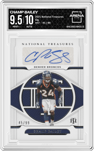 Champ Bailey from the 2021 Panini National Treasures set graded by Arena Club and given an overall grade of 9.5.
