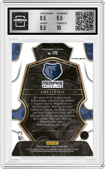 Jake Laravia from the 2022-23 Panini Select set featuring a Cosmic parallel graded by Arena Club and given an overall grade of 10.
