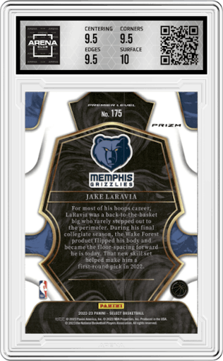 Jake Laravia from the 2022-23 Panini Select set featuring a Cosmic parallel graded by Arena Club and given an overall grade of 10.