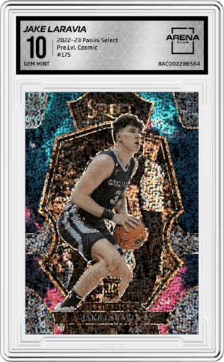 Jake Laravia from the 2022-23 Panini Select set featuring a Cosmic parallel graded by Arena Club and given an overall grade of 10.
