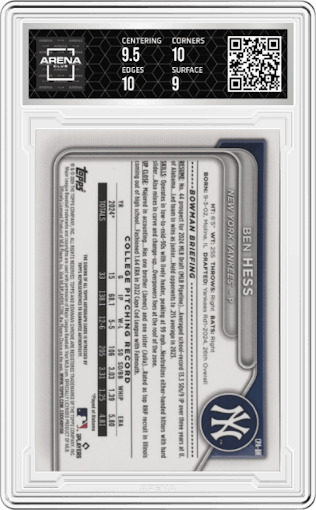 Ben Hess from the 2024 Bowman Draft set graded by Arena Club and given an overall grade of 9.5.