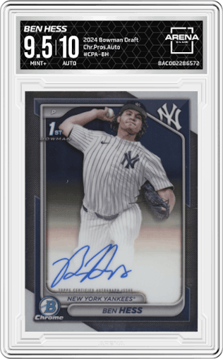 Ben Hess from the 2024 Bowman Draft set graded by Arena Club and given an overall grade of 9.5.