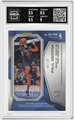 Paul George from the 2018-19 Panini Spectra set featuring a Gold parallel graded by Arena Club and given an overall grade of 9.