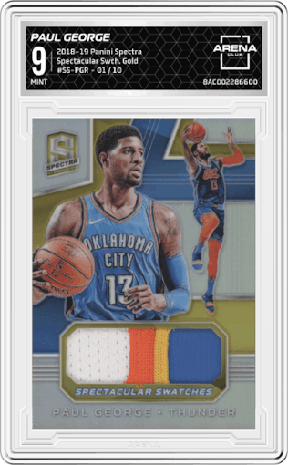 Paul George from the 2018-19 Panini Spectra set featuring a Gold parallel graded by Arena Club and given an overall grade of 9.