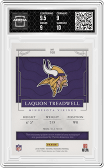 Laquon Treadwell from the 2016 Panini National Treasures set featuring a Blue parallel graded by Arena Club and given an overall grade of 9.5.