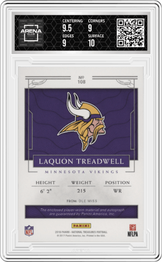 Laquon Treadwell from the 2016 Panini National Treasures set featuring a Blue parallel graded by Arena Club and given an overall grade of 9.5.