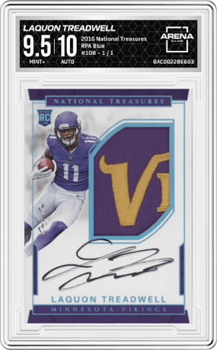 Laquon Treadwell from the 2016 Panini National Treasures set featuring a Blue parallel graded by Arena Club and given an overall grade of 9.5.