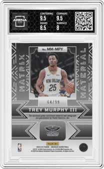 Trey Murphy III from the 2023-24 Panini Obsidian set graded by Arena Club and given an overall grade of 8.5.