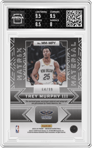 Trey Murphy III from the 2023-24 Panini Obsidian set graded by Arena Club and given an overall grade of 8.5.