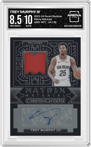 Trey Murphy III from the 2023-24 Panini Obsidian set graded by Arena Club and given an overall grade of 8.5.