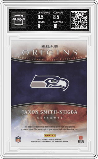 Jaxon Smith-Njigba from the 2023 Panini Origins set graded by Arena Club and given an overall grade of 8.5.