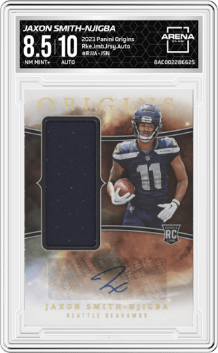 Jaxon Smith-Njigba from the 2023 Panini Origins set graded by Arena Club and given an overall grade of 8.5.