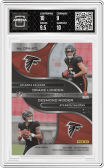 Drake London/Desmond Ridder from the 2022 Panini Spectra set featuring a Neon Marble parallel graded by Arena Club and given an overall grade of 9.5.