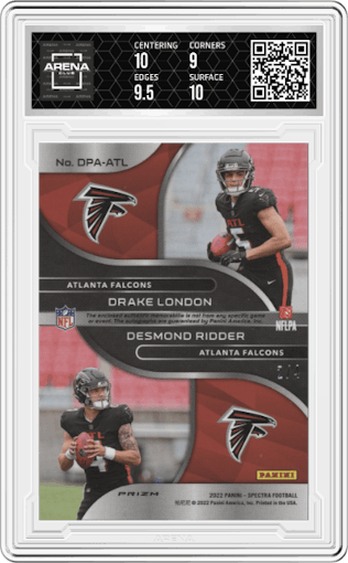 Drake London/Desmond Ridder from the 2022 Panini Spectra set featuring a Neon Marble parallel graded by Arena Club and given an overall grade of 9.5.