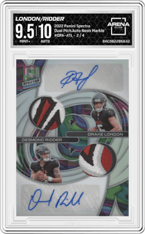 Drake London/Desmond Ridder from the 2022 Panini Spectra set featuring a Neon Marble parallel graded by Arena Club and given an overall grade of 9.5.